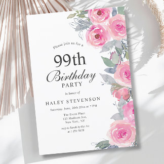 Feminine Pink Aquarell Blumenchic 99. Geburtstag Einladung