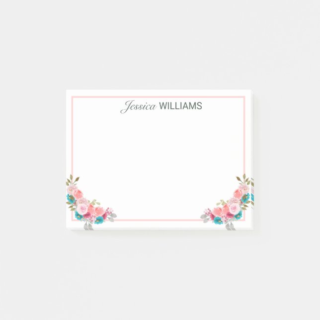 Feminine Pink Blue Rose Bouquet Wasser Post-it Klebezettel (Vorderseite)