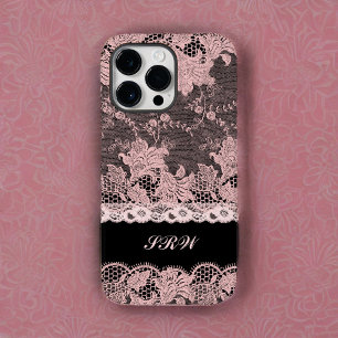 Feminine Pink Lace Edging on Black mit Initialen Case-Mate iPhone 14 Pro Max Hülle