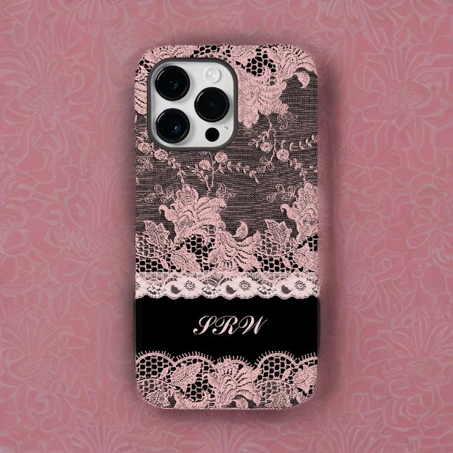 Feminine Pink Lace Edging on Black mit Initialen Case-Mate iPhone Hülle (Von Creator hochgeladen)