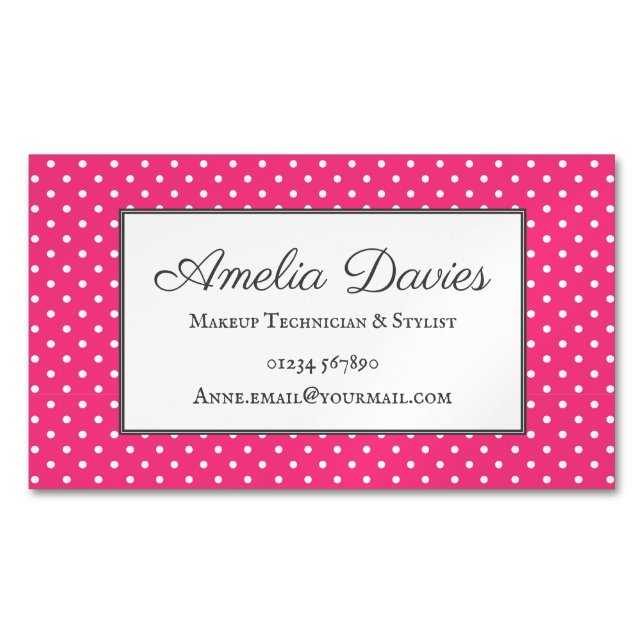 Feminine Pink Retro Polka Dot Business Card Magnet (Vorderseite)