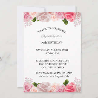 Feminine Pink Roses 90. Geburtstagsparty Einladung