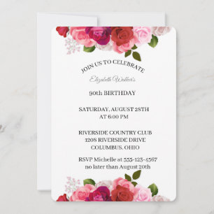 Feminine Pink Roses 90. Geburtstagsparty Einladung