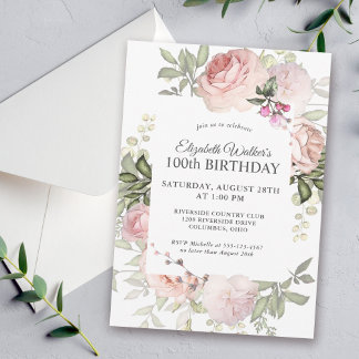 Feminine Pink Roses Floral 100. Geburtstagsparty Einladung