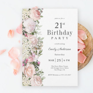 Feminine Pink Roses Floral 21. Geburtstag Party Einladung