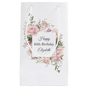 Feminine Pink Roses Floral 80. Geburtstag mit Name Kleine Geschenktüte