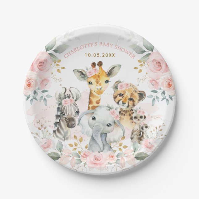 Feminine Pink Safari Jungle Wild Animals Baby Girl Pappteller (Vorderseite)