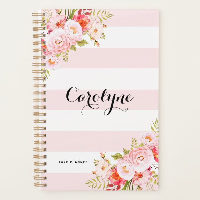 Feminine Pink Stripes Personalisierter Planer (Vorderseite)