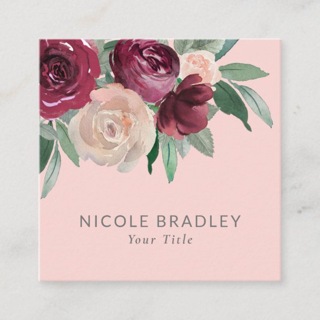 Feminine Pink Watercolor Floral Business Card Quadratische Visitenkarte (Vorderseite)