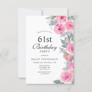 Feminine Rosa Aquarell Blumen Chic 61. Geburtstag Einladung