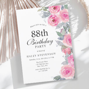 Feminine rosa Aquarell-Blumen Chic 88. Geburtstag Einladung