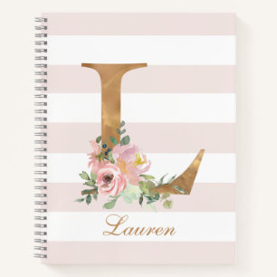 Feminine Rosa Streifen Blumengold Personalisiert Notizbuch