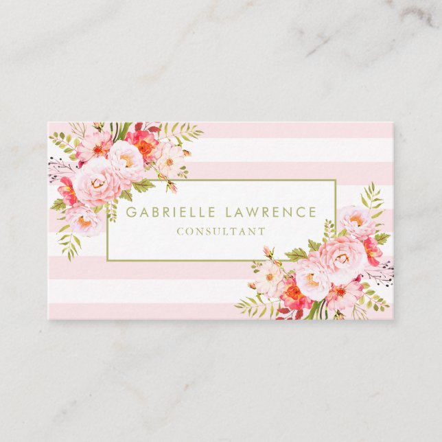 Feminine rosa Streifen und Peonies Business Card Visitenkarte (Vorderseite)