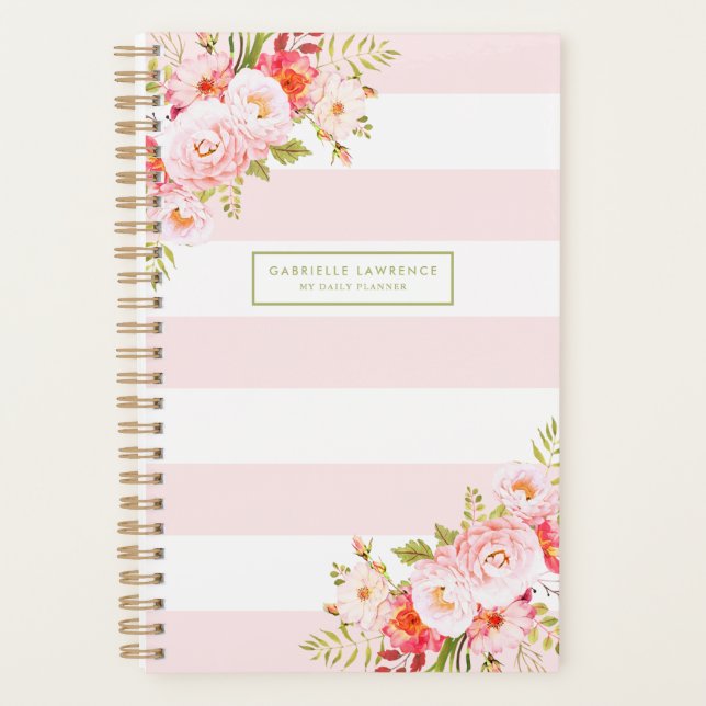 Feminine rosa Streifen und Peonys Custom Planner Planer (Vorderseite)
