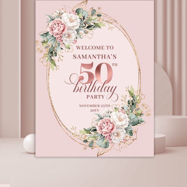 Feminine Rose Gold Floral 50th Birthday Party Deco Wandteppich (Feminine Rose Gold Floral 50th Birthday Party Decor)