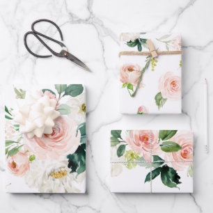 Feminine Rosé-Weiß Wasserfarben-Blumen Geschenkpapier Set
