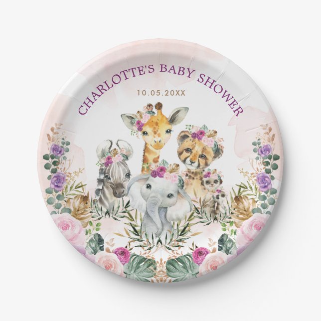 Feminine Safari Jungle Wild Animals Boho Baby Girl Pappteller (Vorderseite)