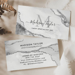 Feminine Silver Gray Glitzer Marble Agate Monogram Visitenkarte