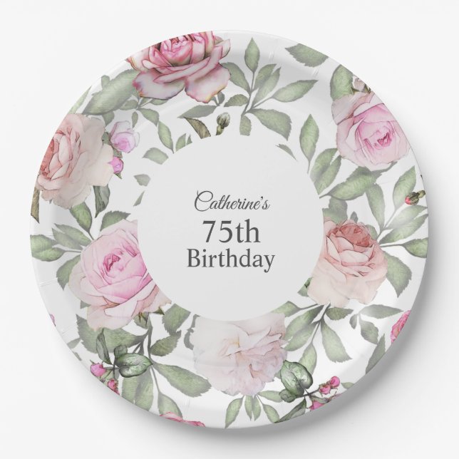 Feminine Summer Rose Garden Floral 75th Birthday Pappteller (Vorderseite)