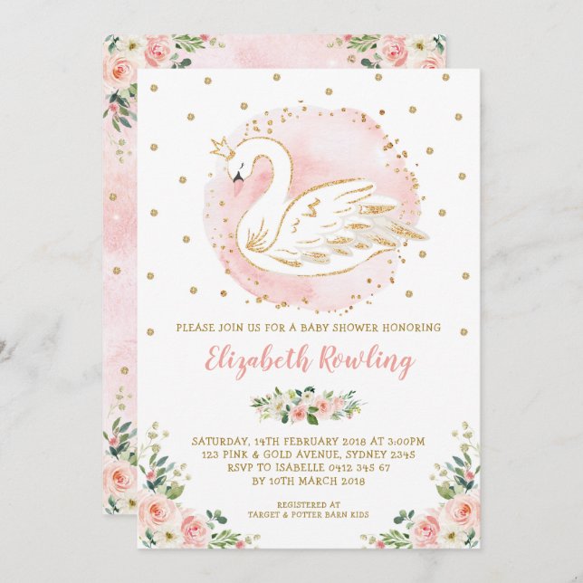 Feminine Swan Princess Pink Gold Baby Dusche Einladung (Vorne/Hinten)
