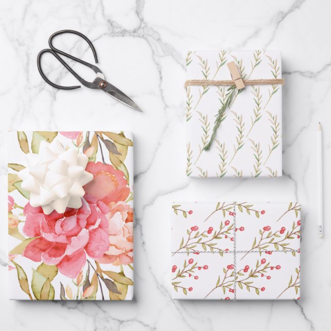 Feminine Wasserfarben Rose Geschenkpapier Set (Vorderseite)