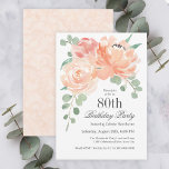Feminine Watercolor Floral 80. Geburtstagsparty Einladung<br><div class="desc">Diese wunderbar feminine und stilvolle Geburtstagsfeier mit Blumen ist dazu gedacht, den 80. Geburtstag einer Frau zu feiern. Es verfügt über einen Eckbouquet aus Pfirsich und Rosen und bildet Eukalyptusgrün in sanften Aquarelltönen. Der gesamte Text kann mit Ihrem benutzerdefinierten Party personalisiert werden, auch mit dem Alter. Sie können diese Einladungsvorlage...</div>