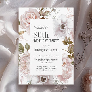 Feminine Watercolor Floral 80. Geburtstagsparty Einladung