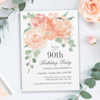 Feminine Watercolor Floral 90. Geburtstagsparty Einladung