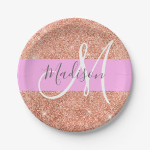 Femininer Glamour Rosa Pfirsich Gold Glitter Monog Pappteller