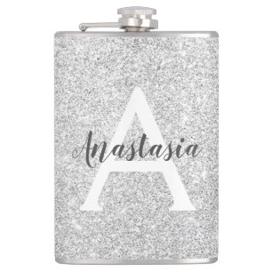 Femininer Glamour Silber Glitter Funkeln Monogramm Flachmann