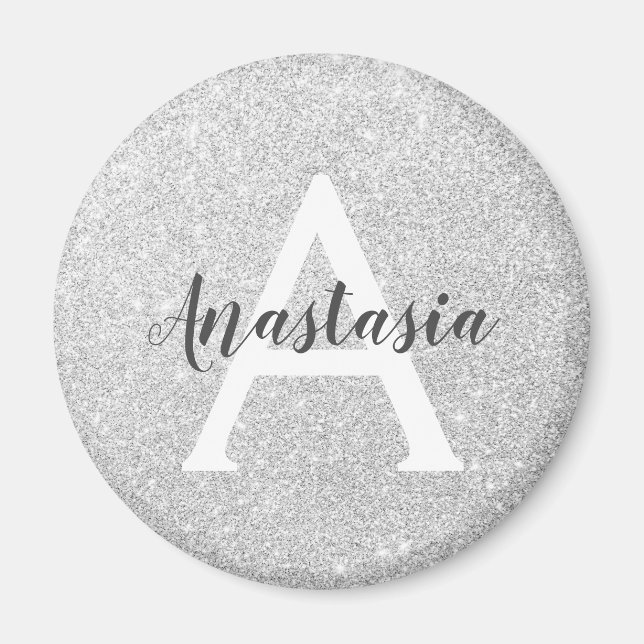 Femininer Glamour Silber Glitter Funkeln Monogramm Magnet (Vorne)