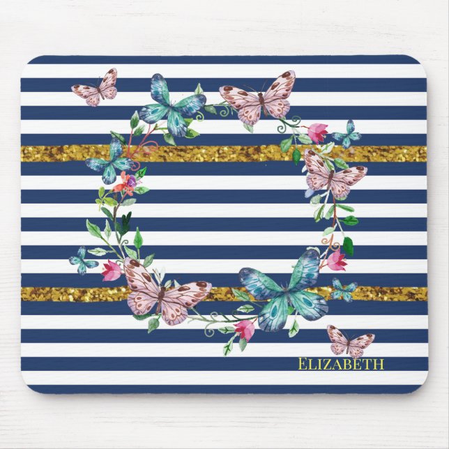 Femininer moderner Chic Schmetterlinge Streifen Mousepad (Vorne)