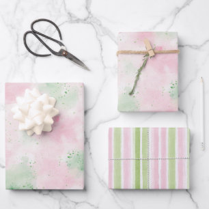 Femininer Rosa Grün Abstrakter Streifen Geburtstag Geschenkpapier Set