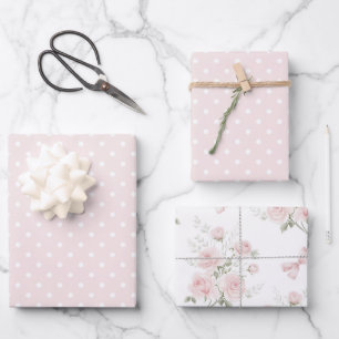 Femininer Rosa Weiß gepunktete Blumen Geburtstag Geschenkpapier Set