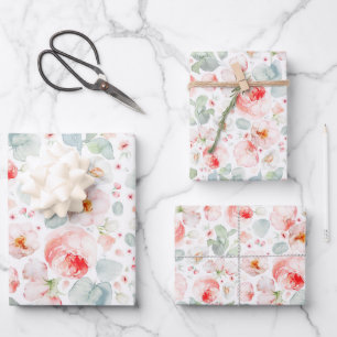 Femininer Rosé-Ton und weiße Wasserfarben-Blumen  Geschenkpapier Set