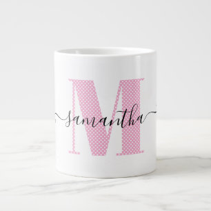 Feminines hellrosa und weißes Punkte-Monogramm Jumbo-Tasse