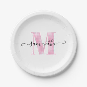 Feminines Hellrosa und Weißes Punkte-Monogramm Pappteller