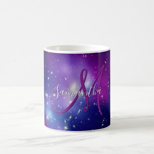 Feminines, lila, Himmel-Monogrammfoto Kaffeetasse (Mittel)