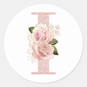 Feminines Monogramm I aus rosa Gold Glitter mit fl Runder Aufkleber