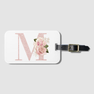 Feminines Monogramm M in Rosa Gold Glitter Blumen Gepäckanhänger
