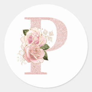 Feminines Monogramm P in Rosa Gold Glitter Blumen Runder Aufkleber