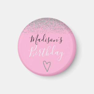 Feminines Pink Silber Glitter Funkeln Herz Geburts Magnet
