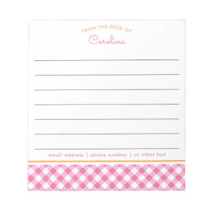 Feminines Rosa und Orange Schrift Gingham Lined Notizblock