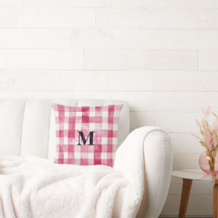 Feminines Rosa Weiß Kariertes Streifen Monogramm Kissen