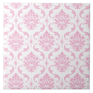 Feminines Rosa Weiß Vintage Damask Muster Fliese