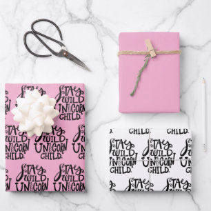 Feminines Rosa Wildes Einhorn Geburtstag Geschenkpapier Set