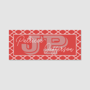 Feminines rotes weißes Vierblatt-Monogramm Namensschild