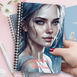 Feminines, schönes Portrait einer Frau in blauen F Notizbuch