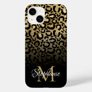 Feminines Schwarz-Gold-Leoparden-Ombre-Monogramm Case-Mate iPhone 14 Hülle