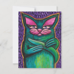 Feminines Türkis-Katze in Ölkreide auf violettem H Postkarte